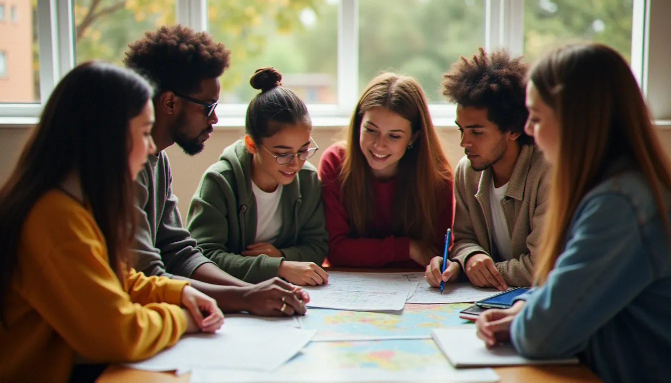 Groupe de jeunes engagés dans un projet citoyen collectif dans une salle associative lumineuse, illustrant l'engagement citoyen jeune