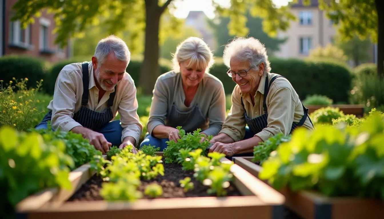 Habitants de différents âges cultivant ensemble un jardin partagé de quartier, initiative citoyenne à Villefranche-sur-Saône