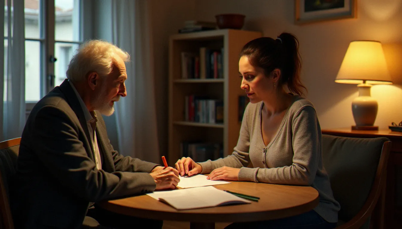 Une travailleuse sociale accompagnant une personne âgée dans ses démarches administratives dans un appartement marseillais, illustration de l'entraide de proximité dans le 13