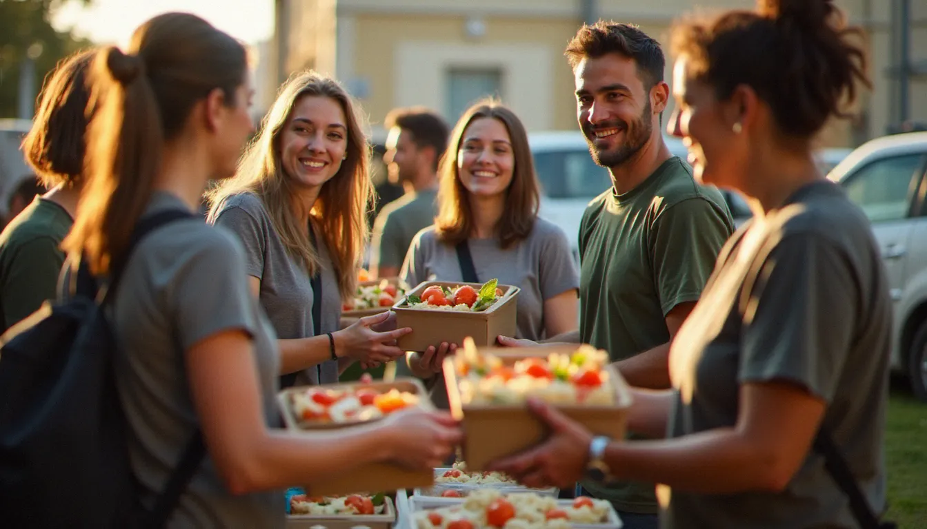 Des bénévoles distribuant des repas chauds dans un quartier des Bouches-du-Rhône, incarnant l'entraide solidarité 13 au quotidien