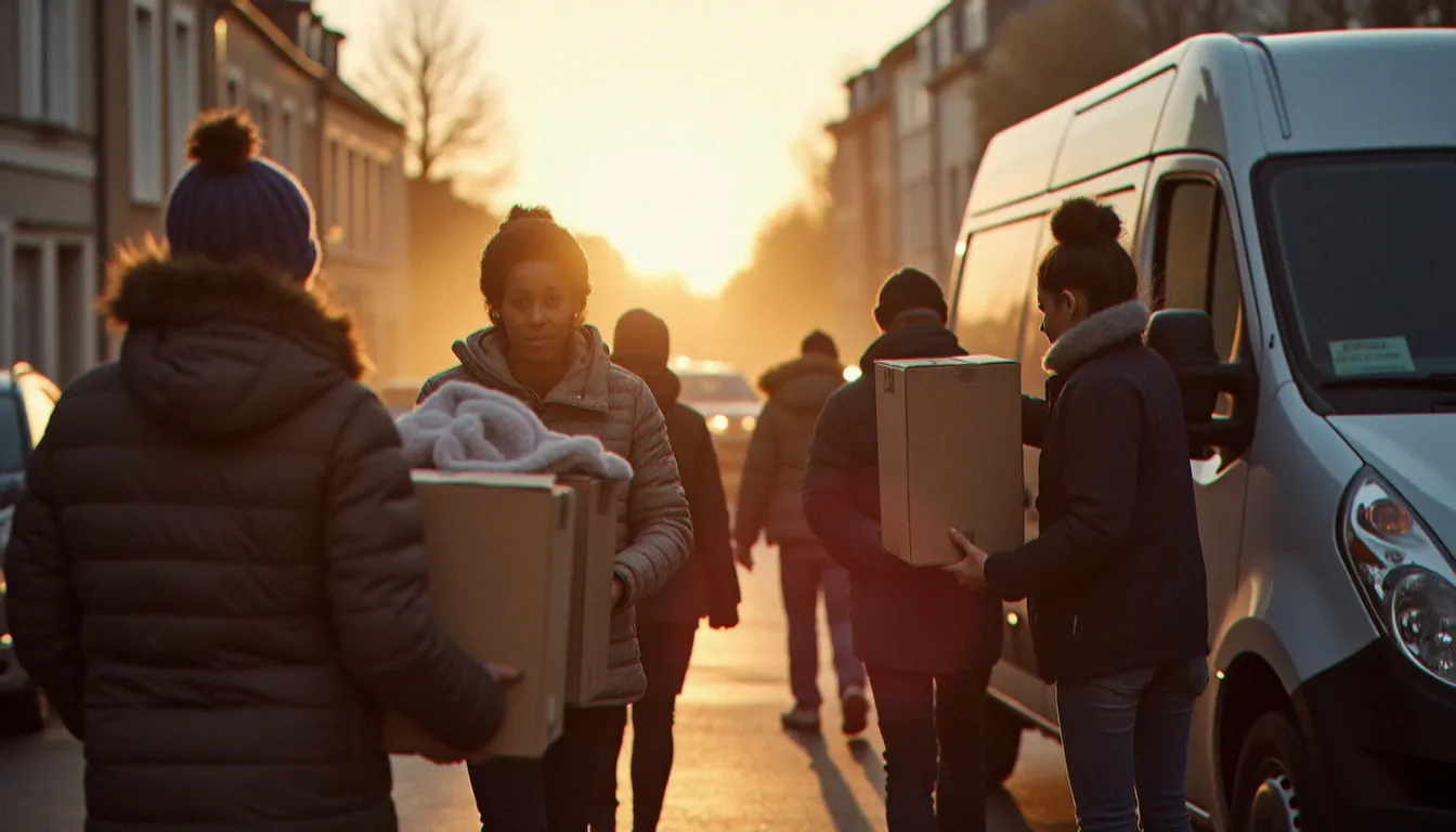Des bénévoles déchargent des denrées alimentaires à l'aube dans un quartier urbain, image symbolisant l'organisation collective de la solidarité au quotidien