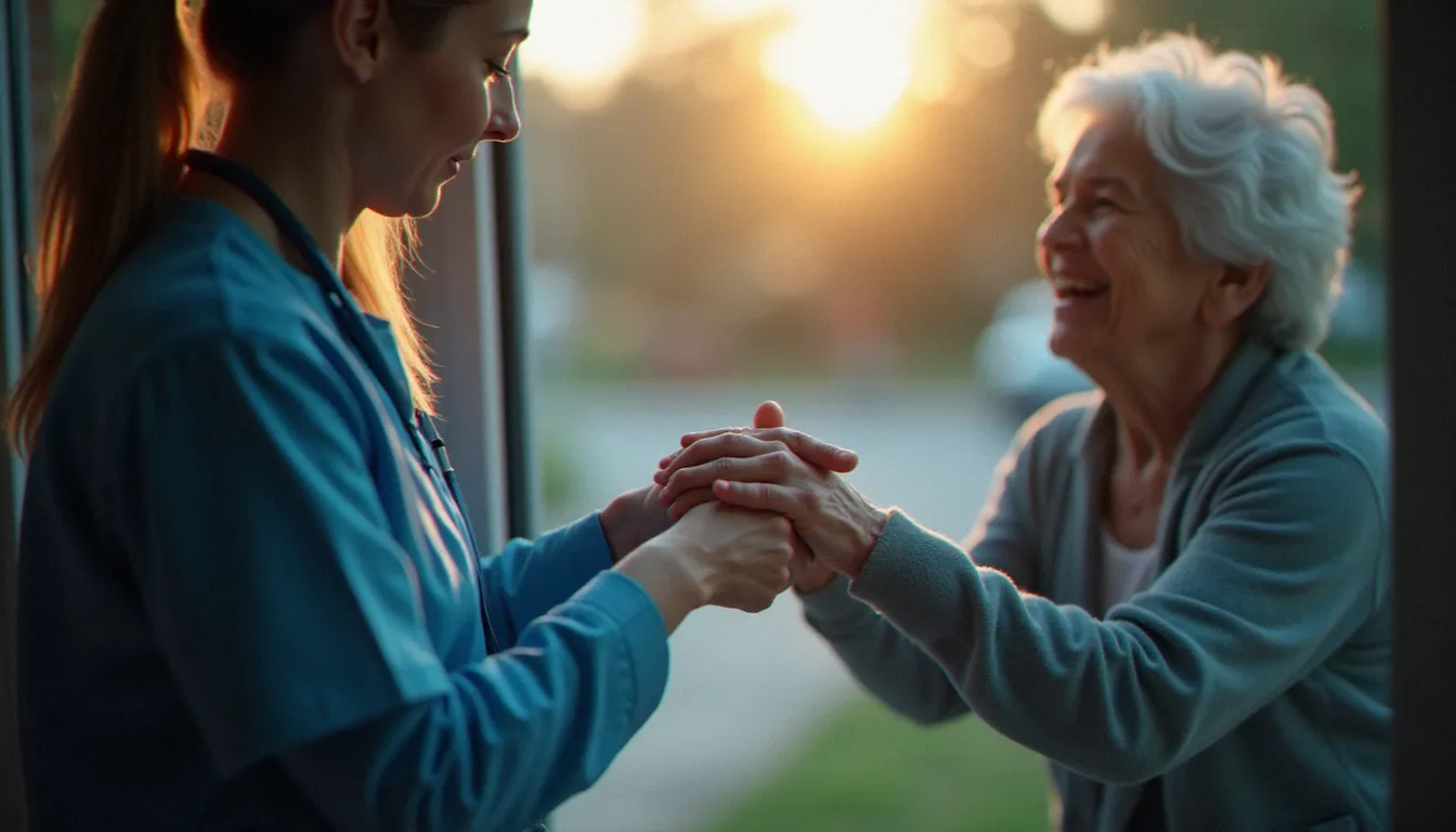 Une infirmière tient la main d'un patient âgé à travers une vitre, geste de solidarité et d'humanité dans un contexte d'isolement, incarnant l'entraide dans les établissements de soins