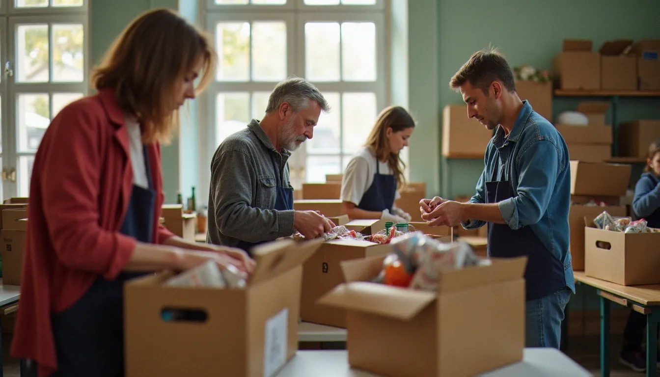 Bénévoles d'une association locale triant des dons alimentaires dans une salle communale, incarnant la solidarité de proximité à Bellechasse