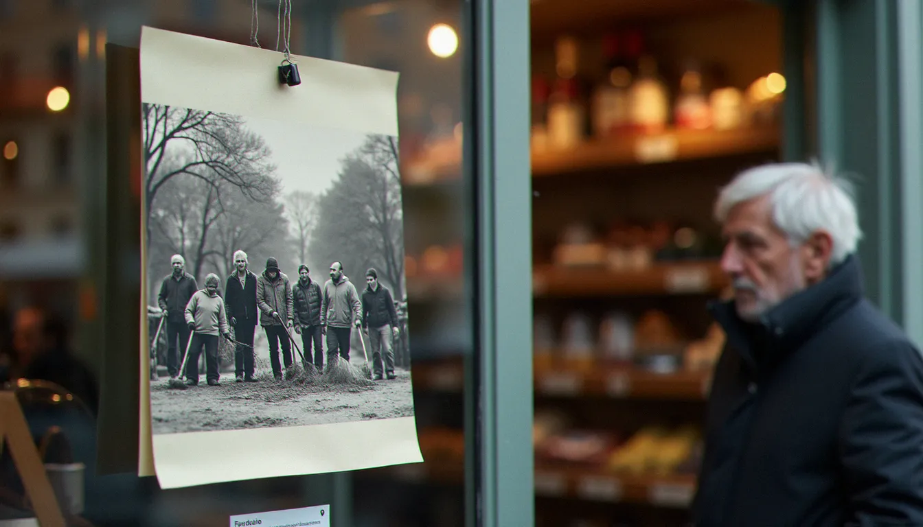 Photographie de solidarité locale affichée dans la vitrine d'une boulangerie de quartier, témoignant d'une action collective d'entraide entre voisins