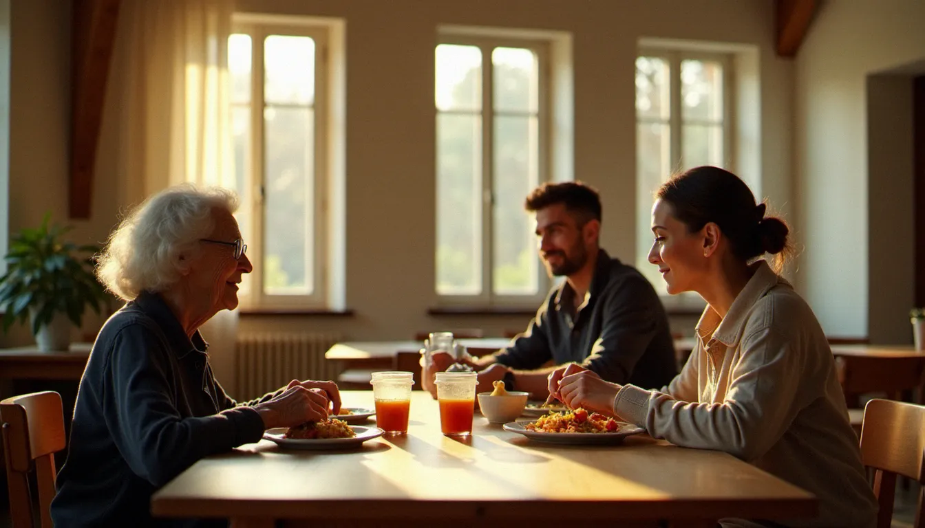 Scène d'entraide et de solidarité entre générations autour d'un repas partagé dans une salle communautaire, illustrant le lien humain au cœur de la solidarité