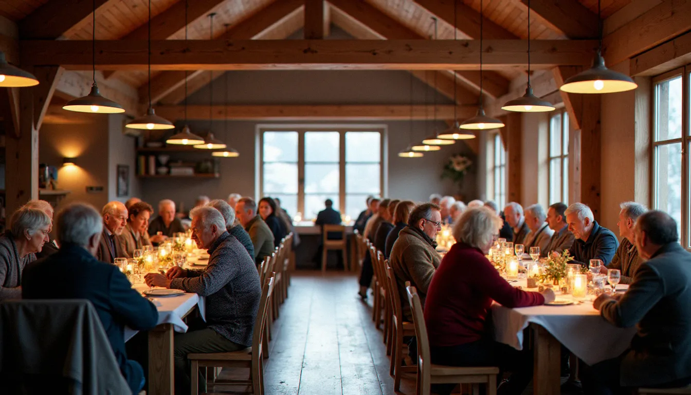 Repas communautaire dans une salle des fêtes alpine illustrant la vie associative et la solidarité entre habitants de Samoëns