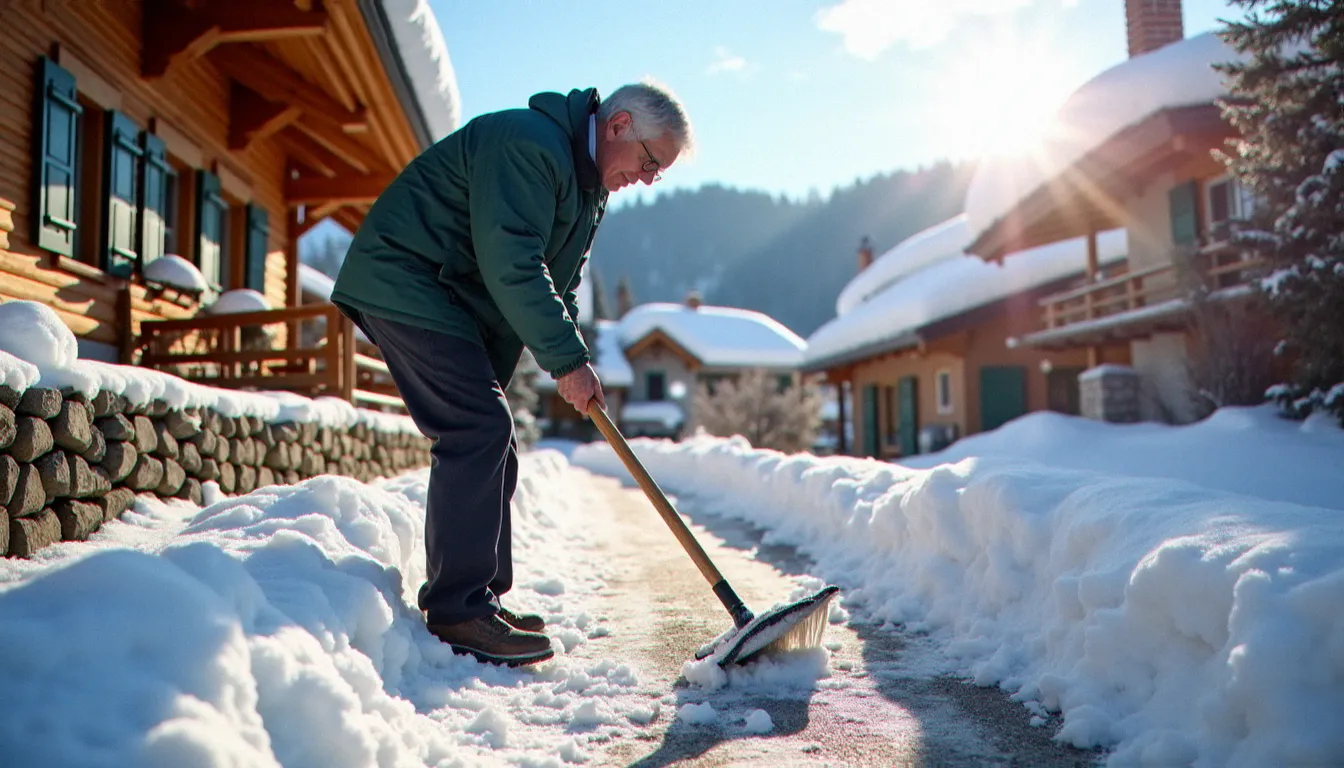 Un bénévole déneige l'entrée d'un chalet pour un voisin âgé à Samoëns, incarnant le réseau d'entraide quotidien dans la vallée alpine