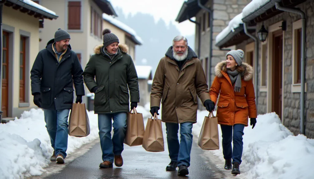 entraide solidarite samoens featured Des habitants de Samoëns pratiquant l'entraide et la solidarité en aidant une personne âgée dans les rues enneigées du village alpin