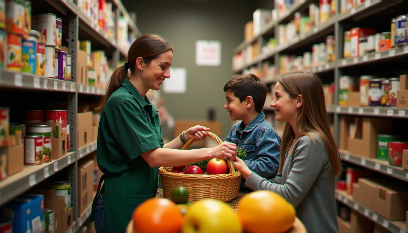 Intérieur d'une épicerie solidaire à Tours où une bénévole aide une famille à constituer un panier alimentaire dans un espace accueillant