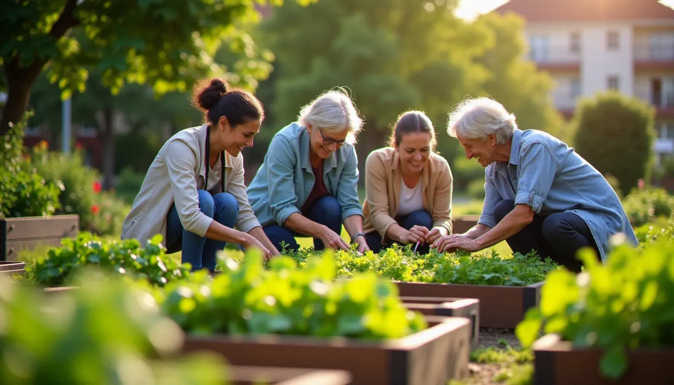 Jardin partagé urbain à Tours où des habitants de tous âges cultivent ensemble des légumes dans une démarche de solidarité de voisinage