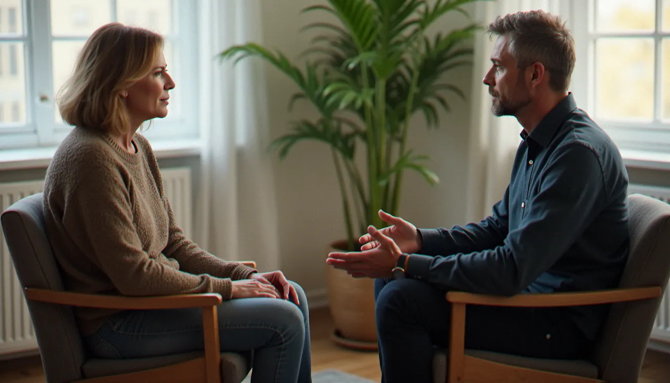 Femme en deuil lors d'un entretien d'accompagnement dans une salle de consultation apaisante, illustrant les alternatives à la consultation médiumnique
