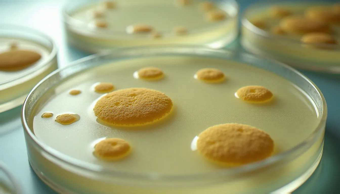 Vue en plongée de plusieurs boîtes de Petri présentant des colonies bactériennes poussant sur gélose, illustrant la diversité des milieux de culture en biologie
