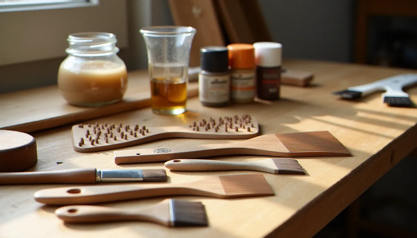 Collection d'outils pour medium effet bois disposés sur un établi : peignes à veiner en caoutchouc, spalter, peintures acryliques terre d'ombre et gel medium translucide