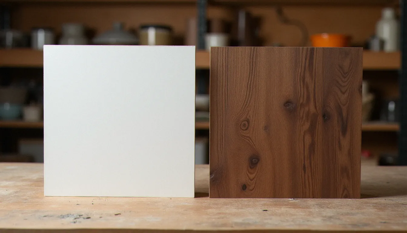 Comparaison avant-après de deux panneaux MDF identiques, l'un peint en blanc et l'autre transformé avec un medium effet bois imitant le noyer sombre, côte à côte sur une table d'atelier