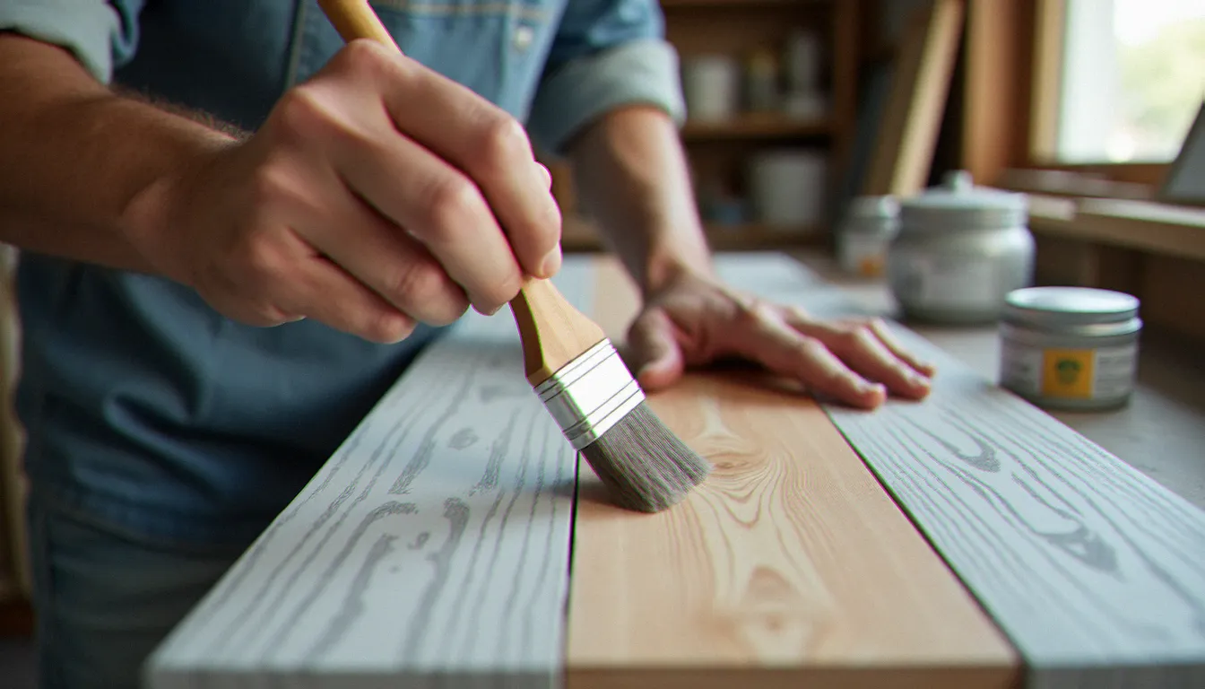 Application de medium effet bois sur un meuble avec un pinceau plat, créant des veines naturelles sur une surface peinte en gris dans un atelier lumineux