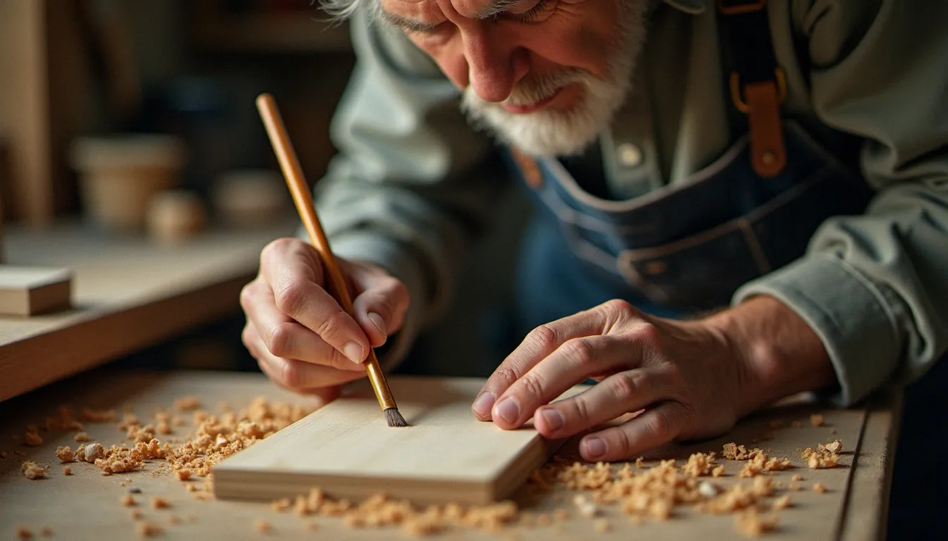 Mains d'un artisan appliquant un medium effet craquelé au pinceau sur une porte de meuble en bois dans un atelier chaleureux