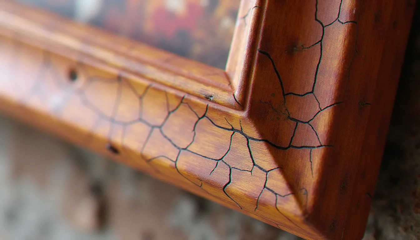 Cadre en bois avec un medium effet craquelé brun sur fond ocre, craquelures fines et profondes bien visibles à la lumière naturelle