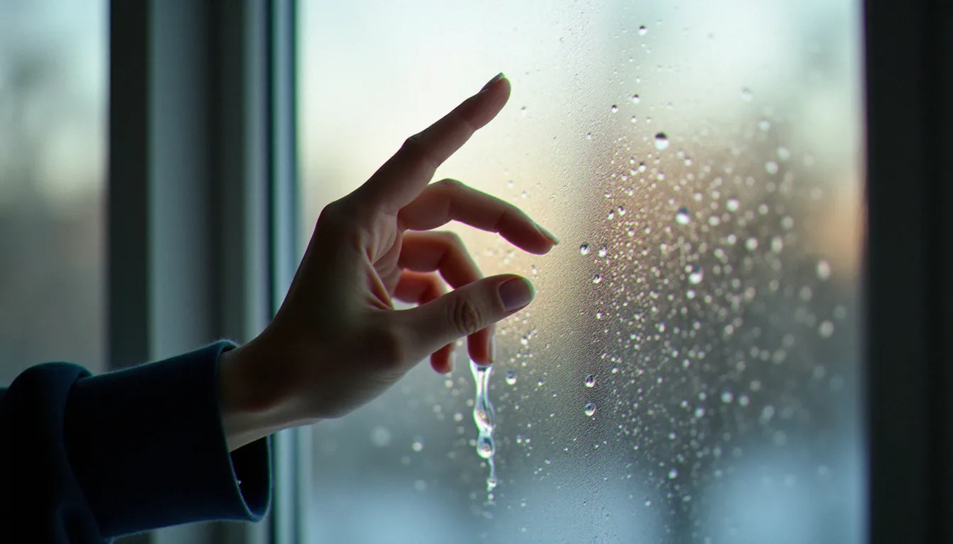 Main humaine posée sur une vitre transparente avec buée, symbole de la perméabilité émotionnelle caractéristique de l'effet verre
