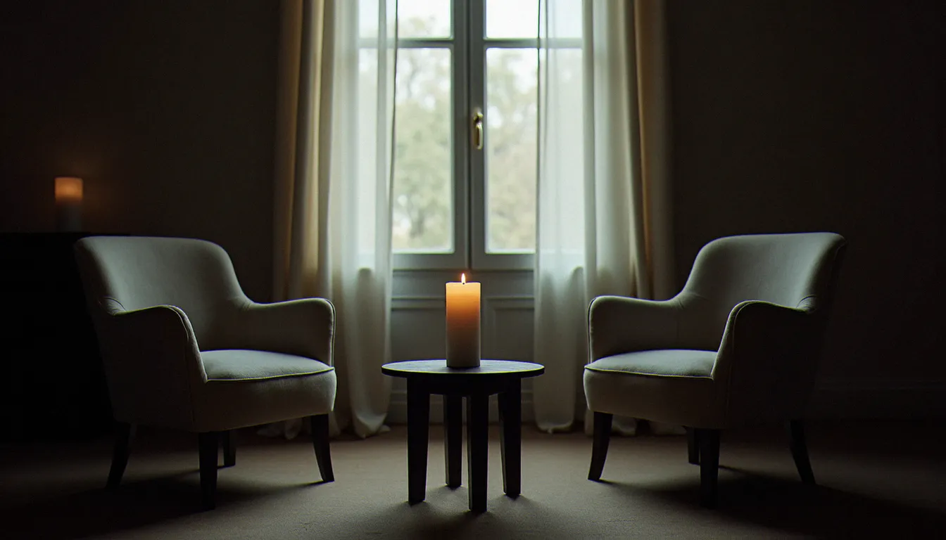 Salle de consultation intime et tamisée avec deux chaises face à face, évoquant une séance médiumnique en France