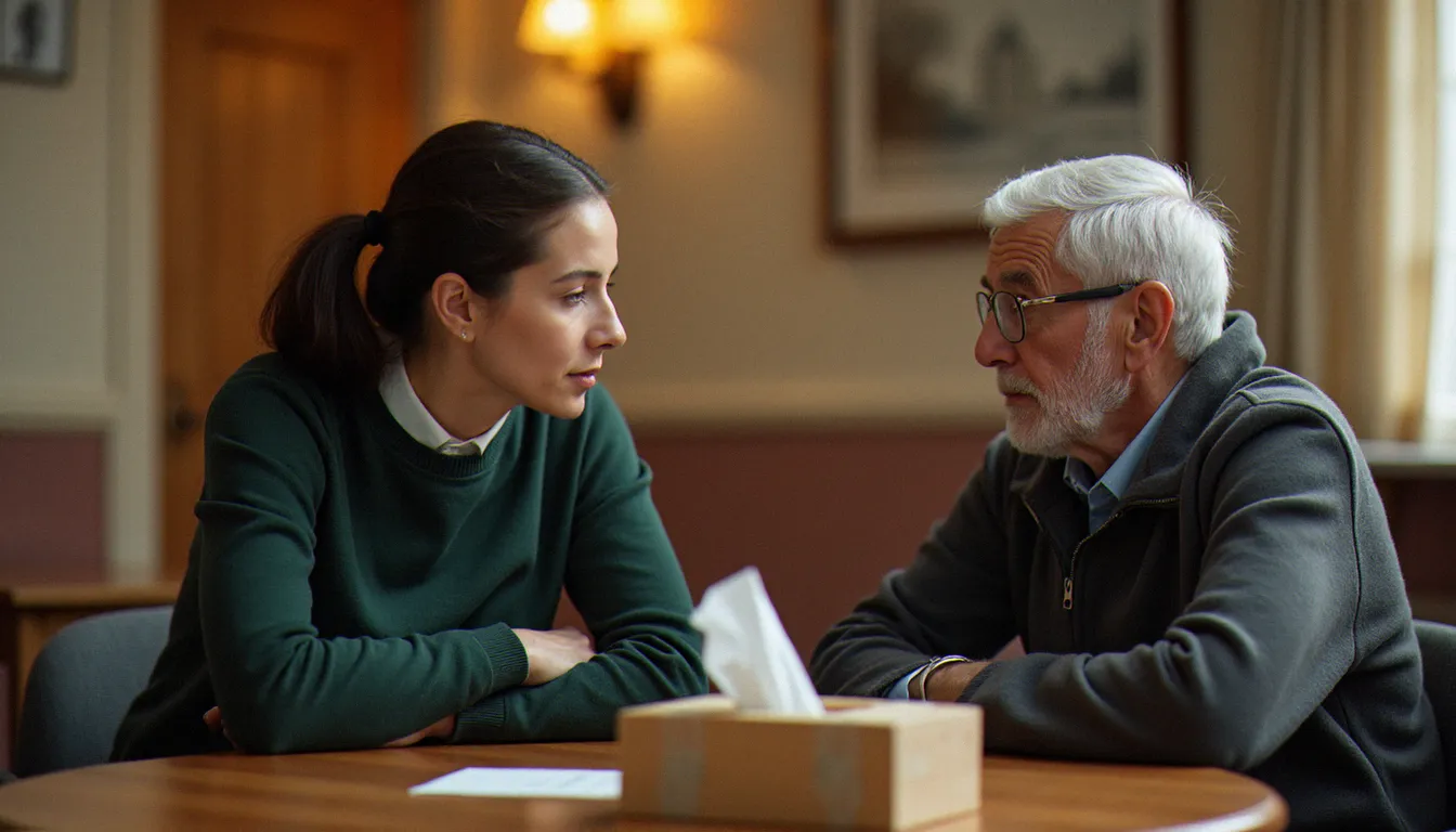 Un bénévole associatif français en écoute active avec une personne endeuillée dans une salle de réunion associative