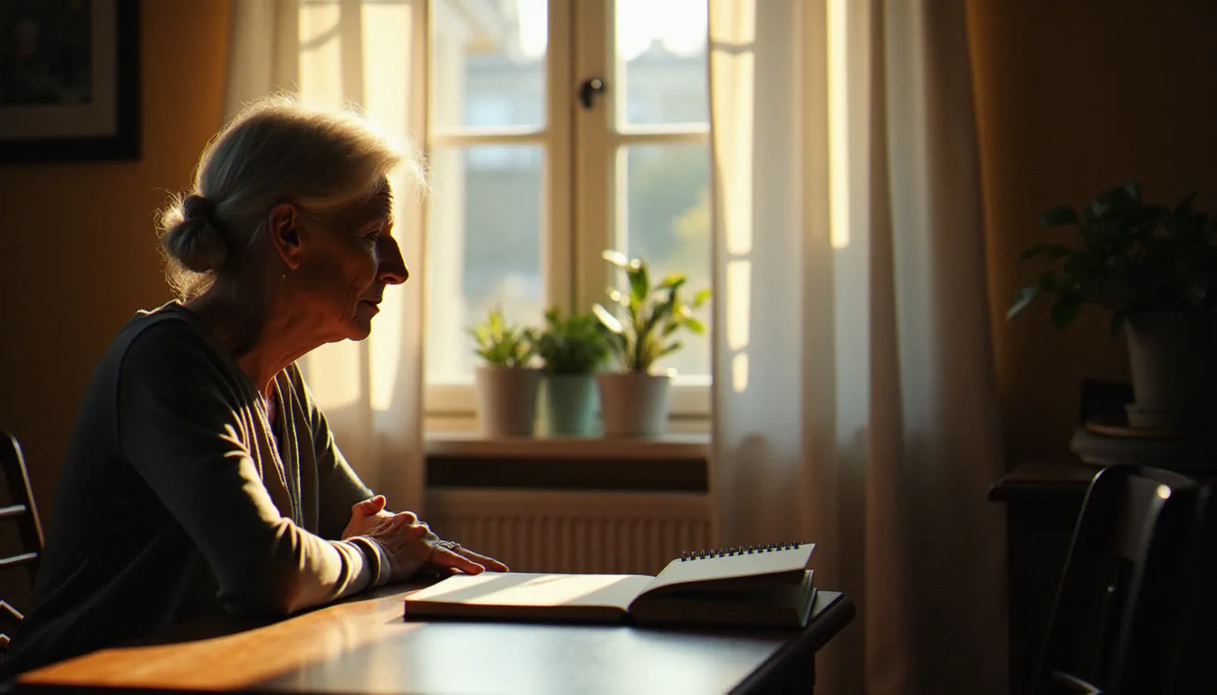 Une femme âgée pensive assise près d'une fenêtre en France, illustrant la quête de sens autour du phénomène medium France 2026