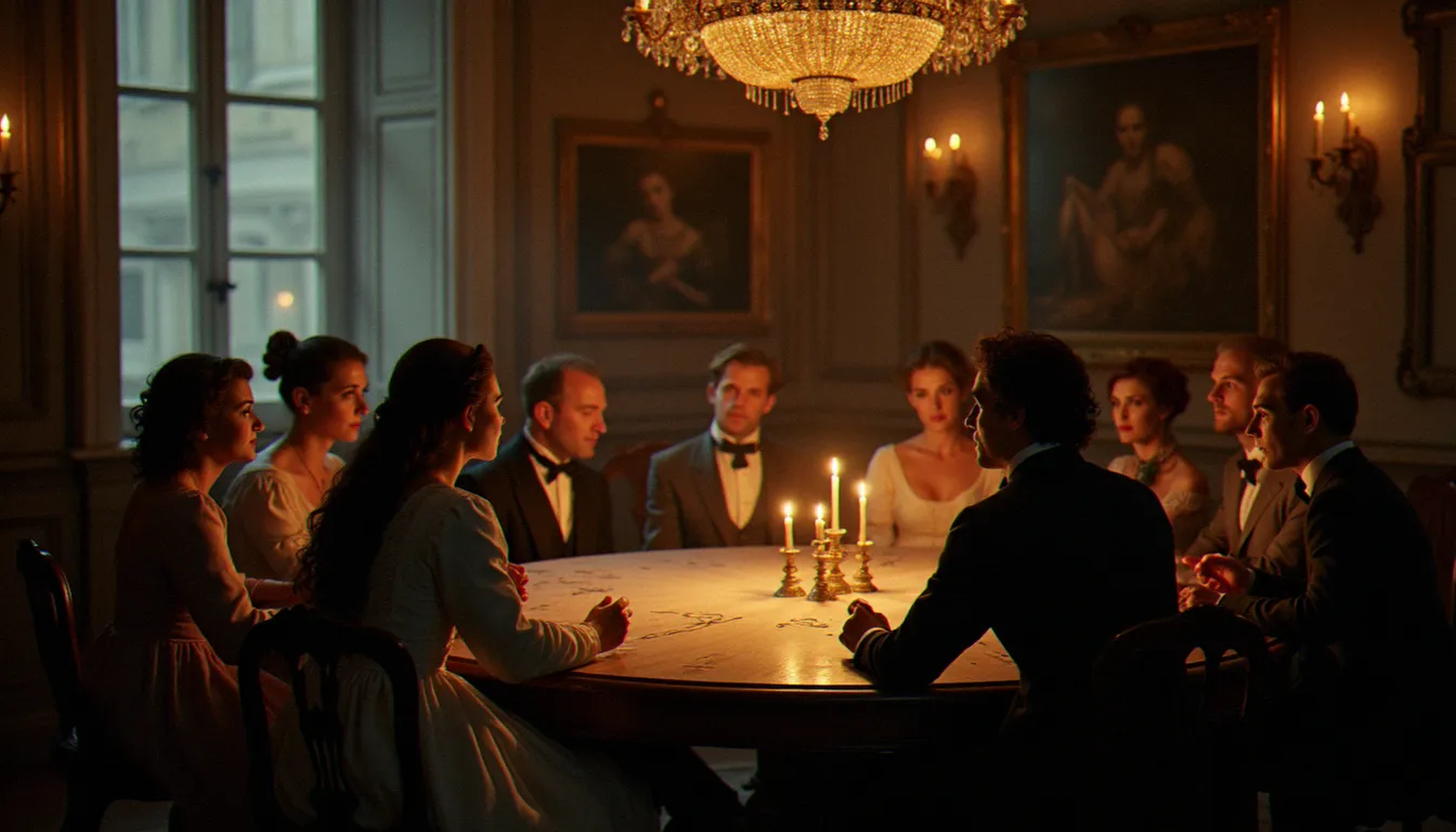 Reconstitution d'une séance spirite au XIXe siècle en France, évoquant l'histoire des medium France connue comme Allan Kardec