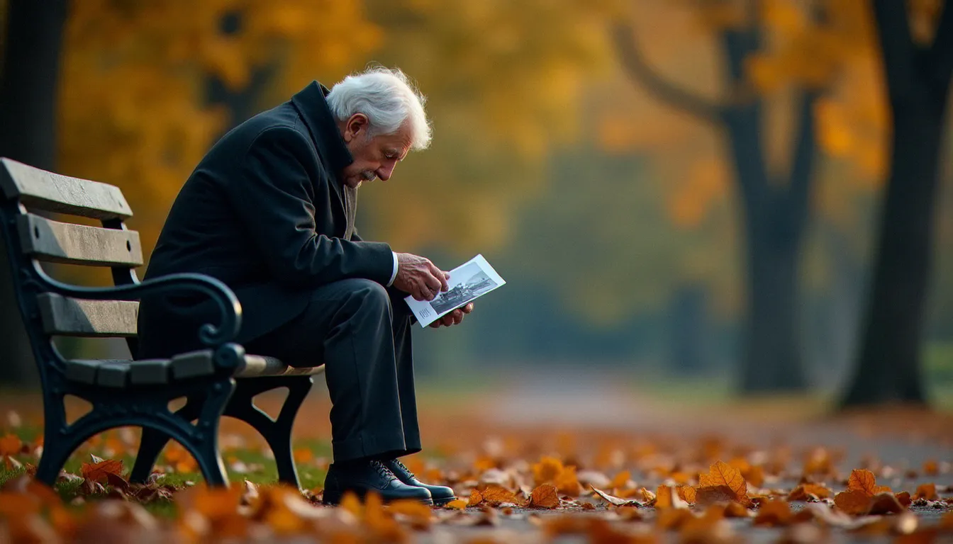 Un homme âgé en deuil sur un banc, illustrant la souffrance qui pousse parfois à consulter un medium en France