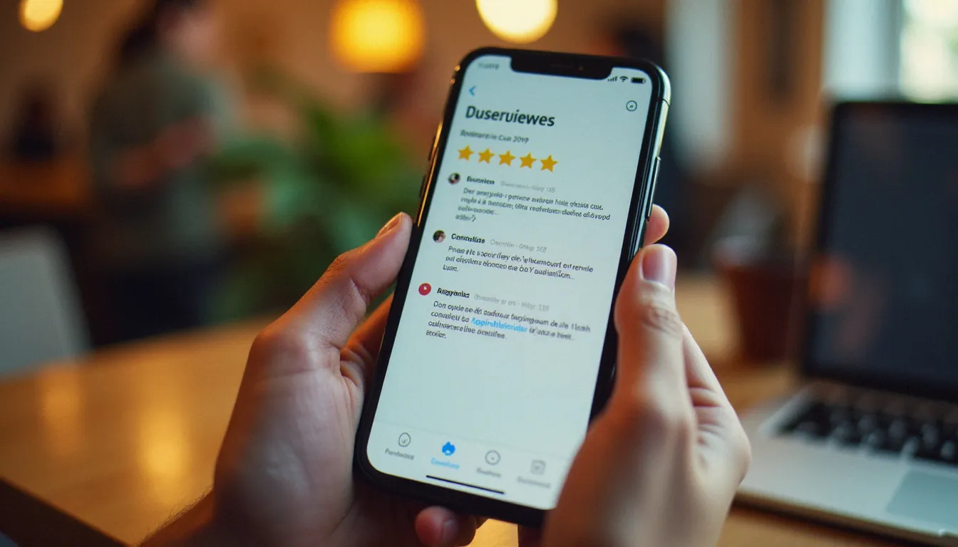 Mains tenant un smartphone affichant une interface d'avis en étoiles, symbolisant les systèmes de notation utilisés pour évaluer les médiums en France