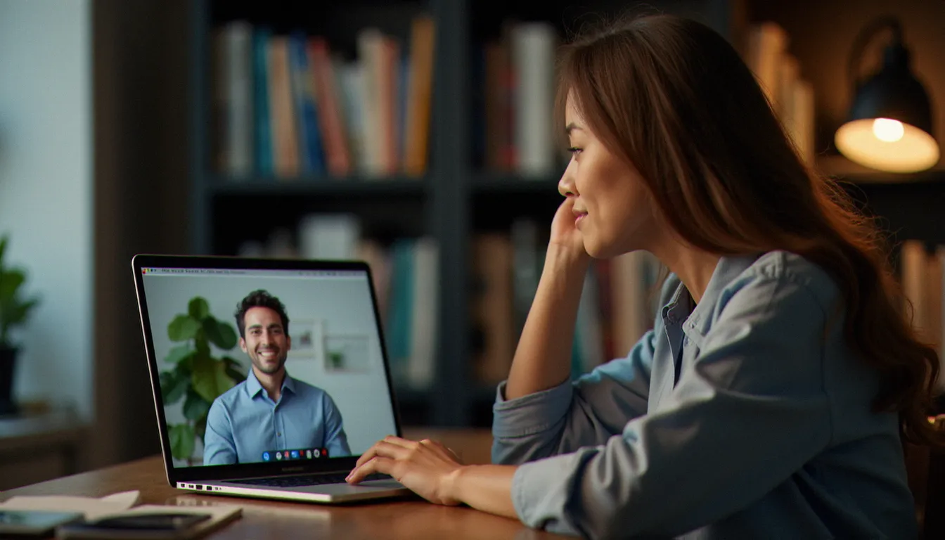 Une personne en consultation médiumnique par visioconférence depuis son domicile, illustrant les formats de consultation à prix moyen accessibles en ligne