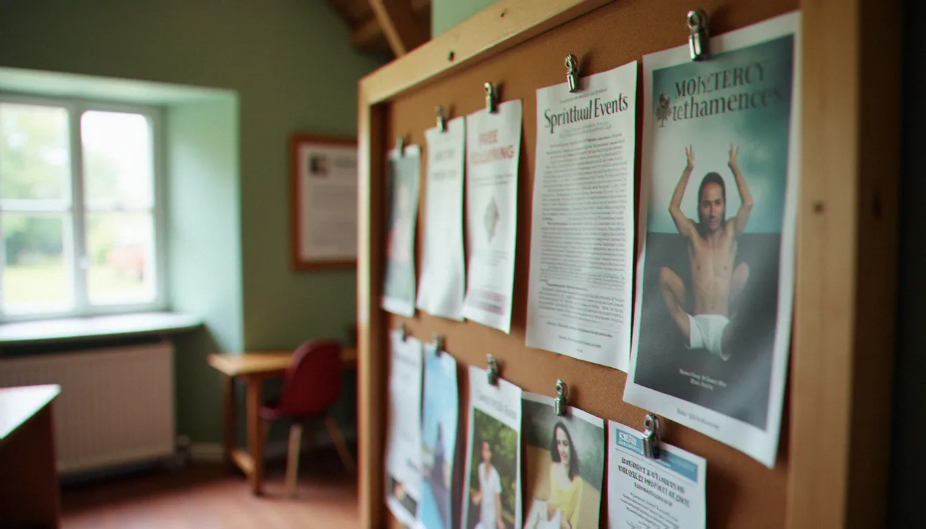 Panneau d'affichage associatif présentant des événements de bien-être et de spiritualité dans une salle communautaire éclairée à la lumière du jour