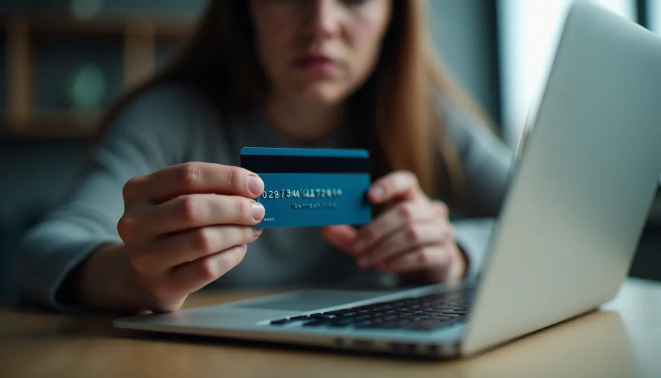 Mains hésitantes tenant une carte bancaire devant un clavier d'ordinateur portable, symbolisant la prudence face aux arnaques aux consultations medium avec CB obligatoire