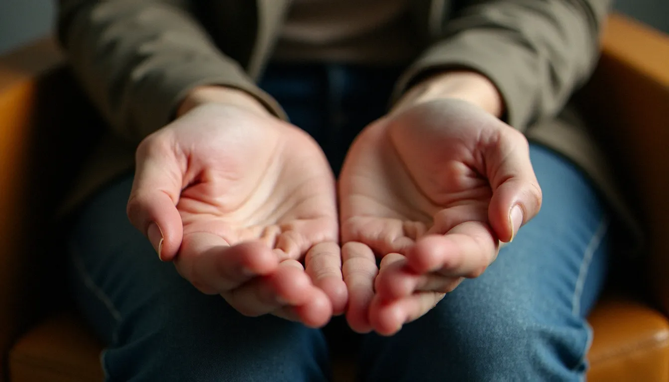 Mains ouvertes et vides d'un praticien en médiumnité sans support, posées sur ses genoux dans une posture d'écoute intérieure