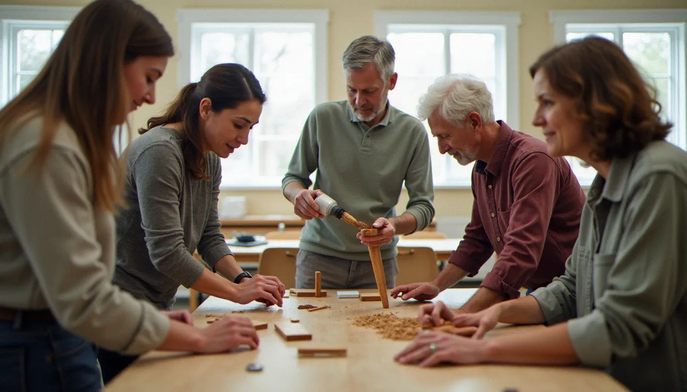 Groupe de personnes en formation pratique de restauration de meubles dans un atelier communautaire, encadrées par un formateur professionnel