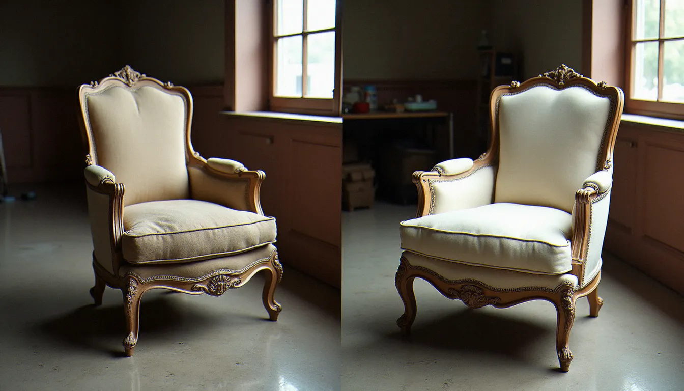 Fauteuil ancien avant et après restauration artisanale, illustrant le résultat concret d'un parcours de formation en restauration de meubles