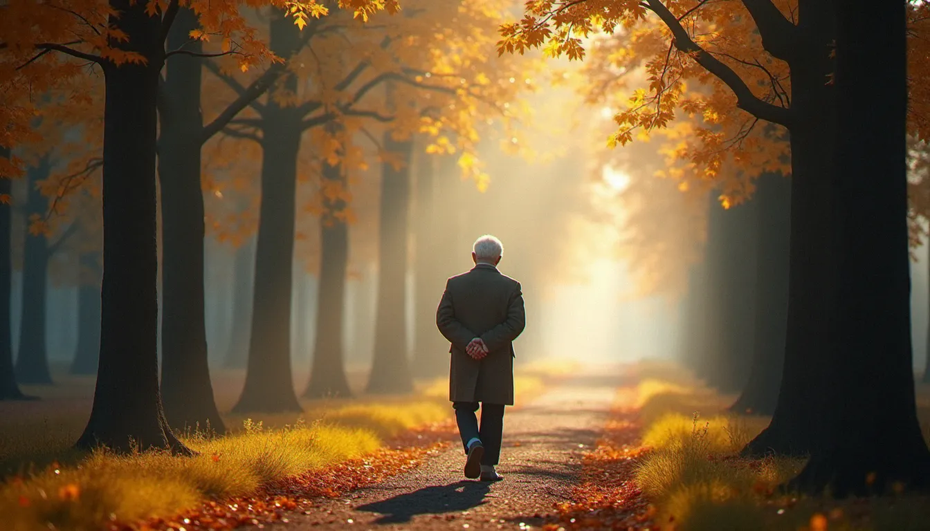 Homme âgé marchant seul sur un chemin forestier en automne, une pratique spirituelle incarnée dans la nature et le mouvement du corps