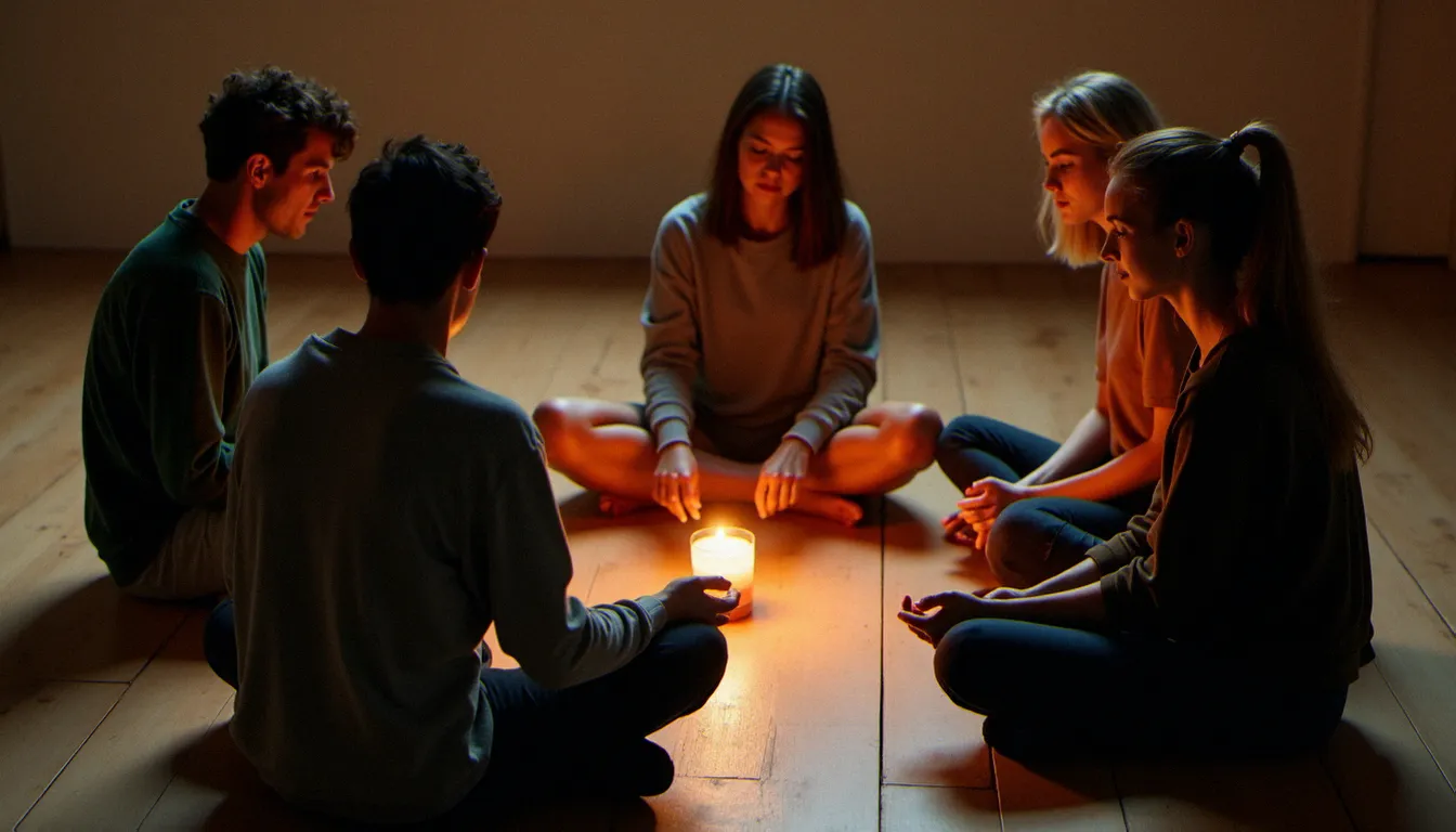 Petit groupe de personnes en cercle de partage spirituel dans une salle simple, une bougie au centre, illustrant la dimension communautaire d'une recette spiritualité vécue ensemble