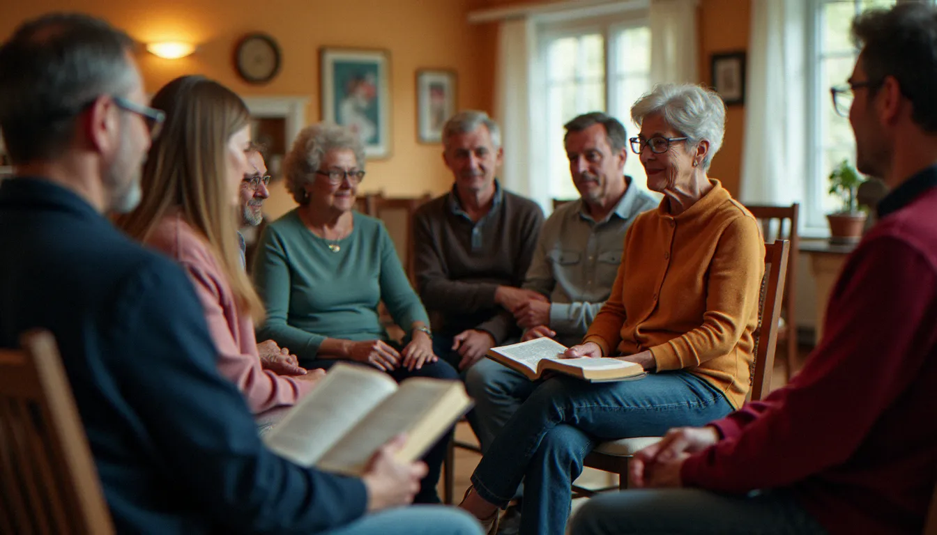 Un groupe de fidèles réunis en cercle pour une étude biblique animée par une femme, représentant la vie communautaire d'une Église avec pasteur