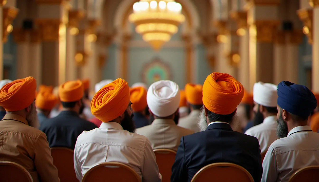 Fidèles sikhs réunis dans un gurdwara, les hommes portant des turbans de différentes couleurs lors d'une cérémonie religieuse