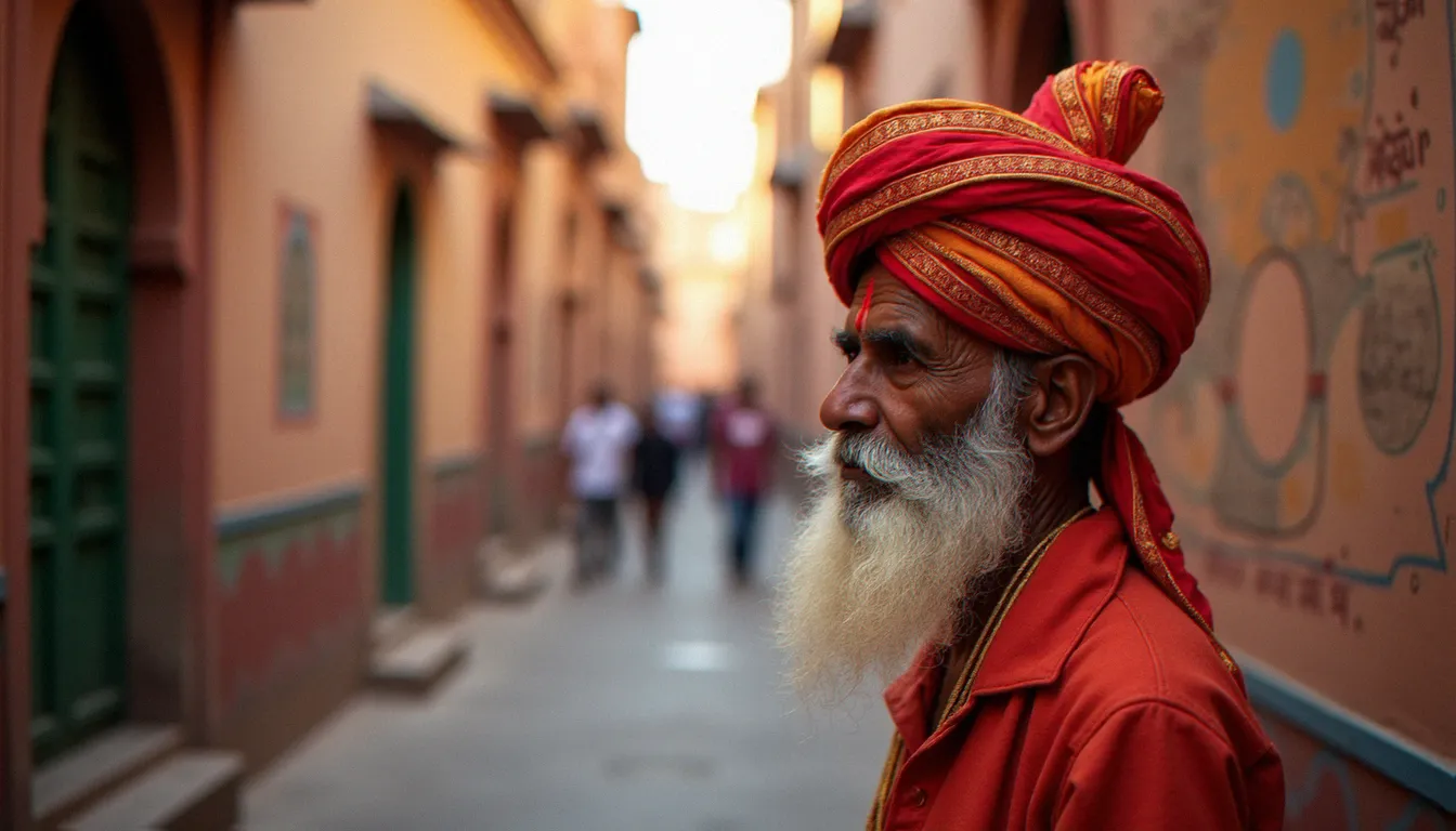 Vieil homme hindou portant un turban pagdi rouge et or traditionnel dans une ruelle de Jaipur, Rajasthan, lors d'une fête religieuse