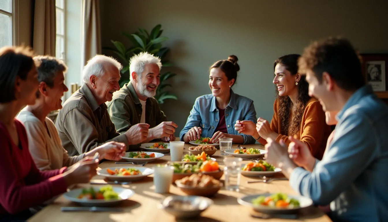 Un groupe de personnes de cultures différentes partageant un repas dans un local associatif, symbole de l'appartenance communautaire que recherchent ceux qui s'interrogent sur la religion