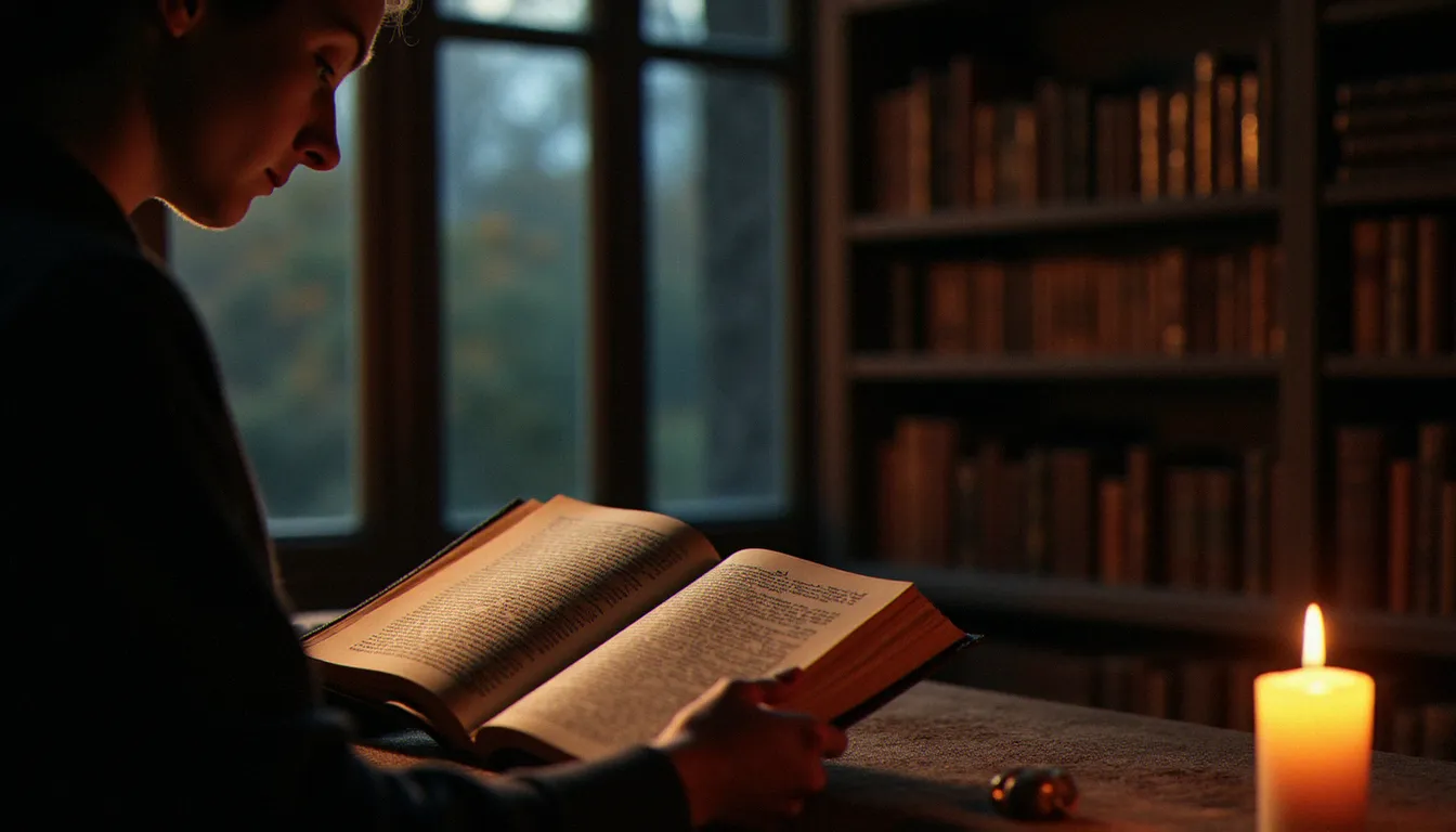 Une personne lisant un texte religieux ancien à la lumière d'une bougie au crépuscule, illustrant la démarche de discernement pour distinguer religion authentique et dérive sectaire