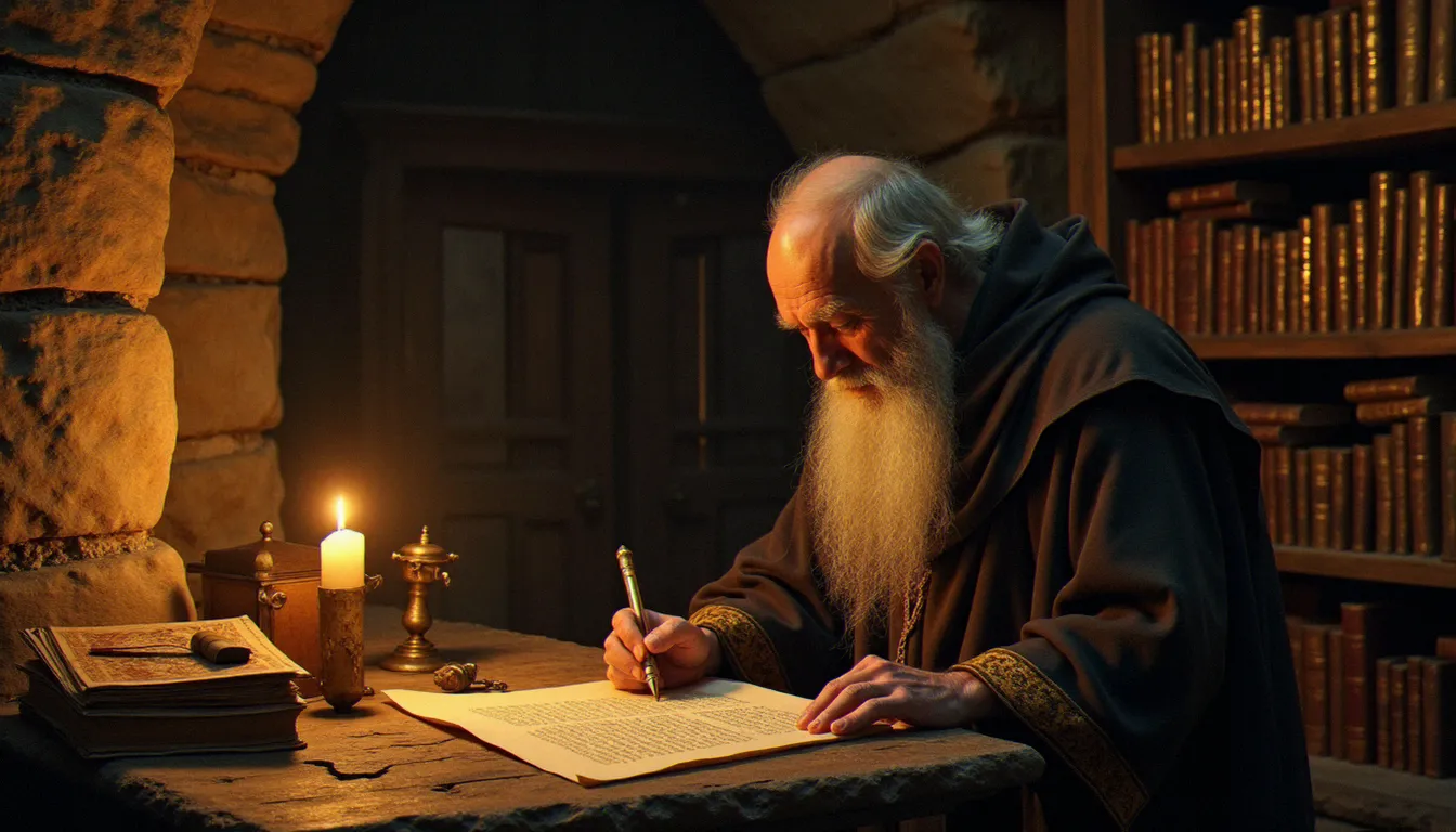 Moine copiste à la lumière d'une bougie dans un scriptorium médiéval, gardien de la mémoire morale et spirituelle transmise par la religion dans l'Ancien Monde