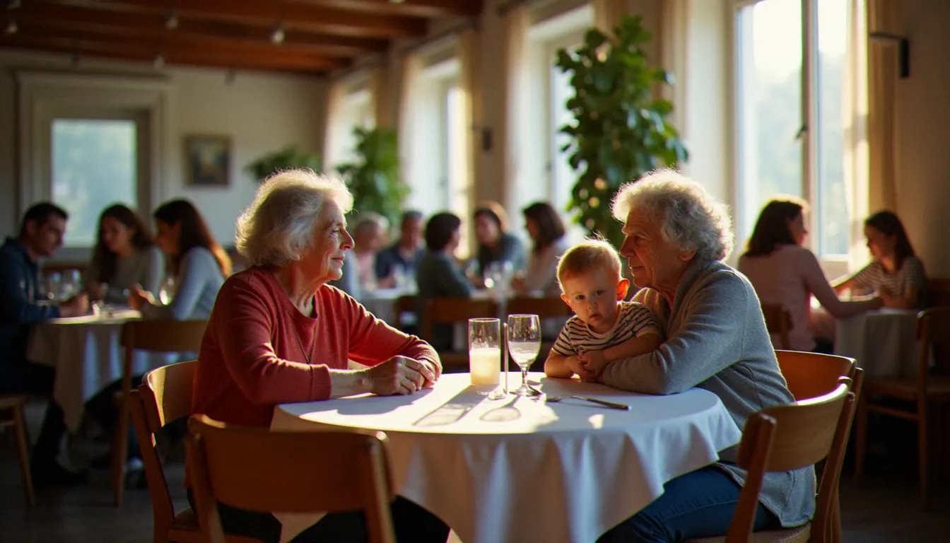 Ambiance conviviale et digne d'un restaurant sociale avec des profils variés de bénéficiaires — familles, personnes âgées et migrants — attablés ensemble à Como