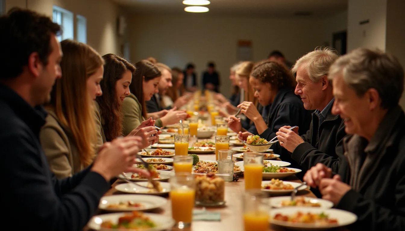 Des bénévoles et des personnes en situation de précarité partagent un repas dans une soupe populaire, symbole de la restauration sociale par le lien