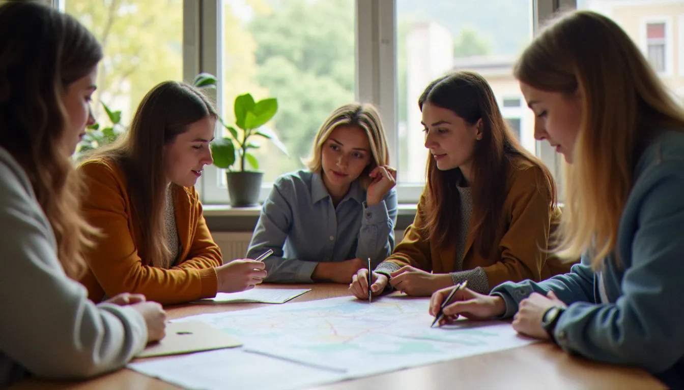 Groupe de jeunes volontaires européens de différentes nationalités travaillant ensemble dans un centre communautaire, illustrant les conditions d'âge du volontariat européen