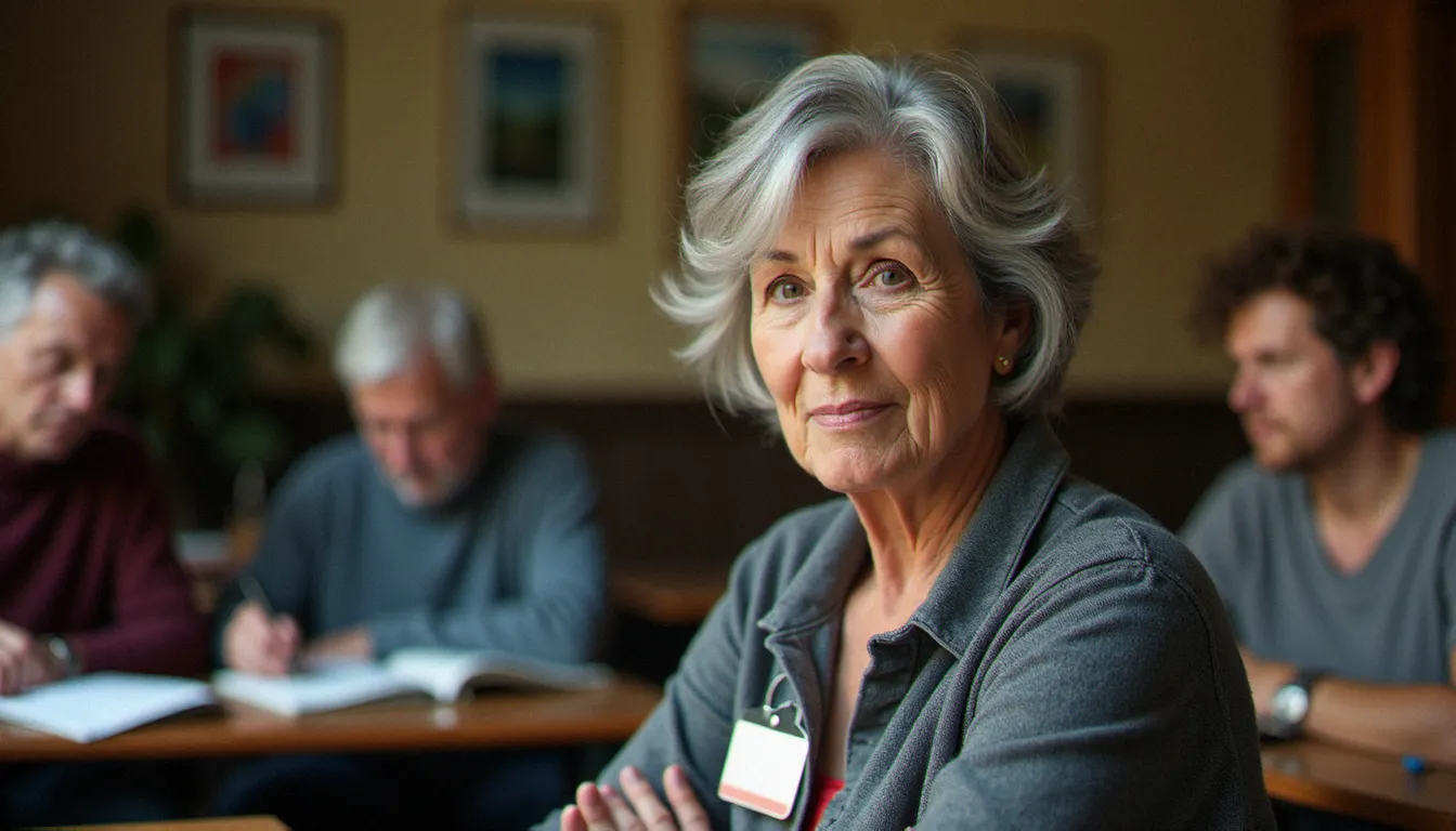 Femme bénévole de plus de 50 ans animant un atelier d'alphabétisation dans un pays européen, illustrant les alternatives au volontariat européen au-delà de 30 ans