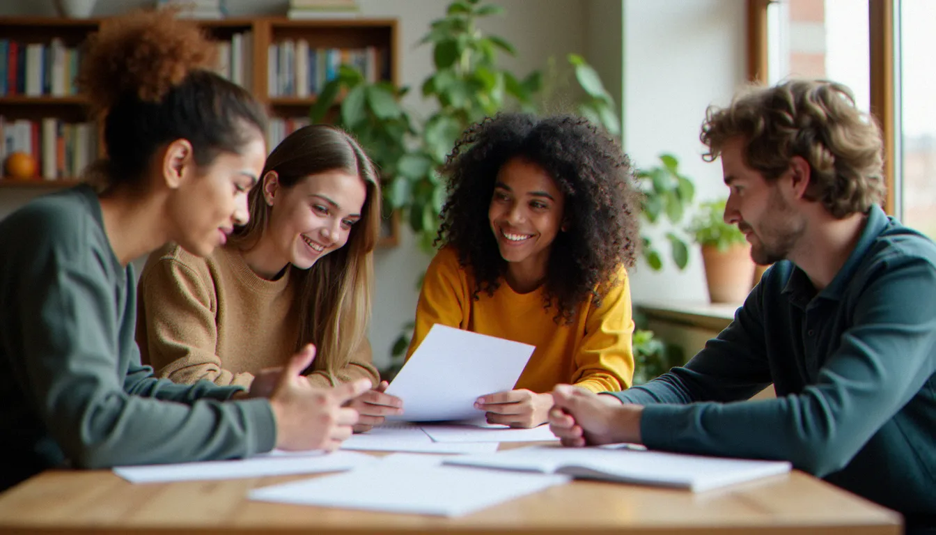 Groupe de jeunes volontaires européens de nationalités différentes en réunion de travail dans un centre communautaire