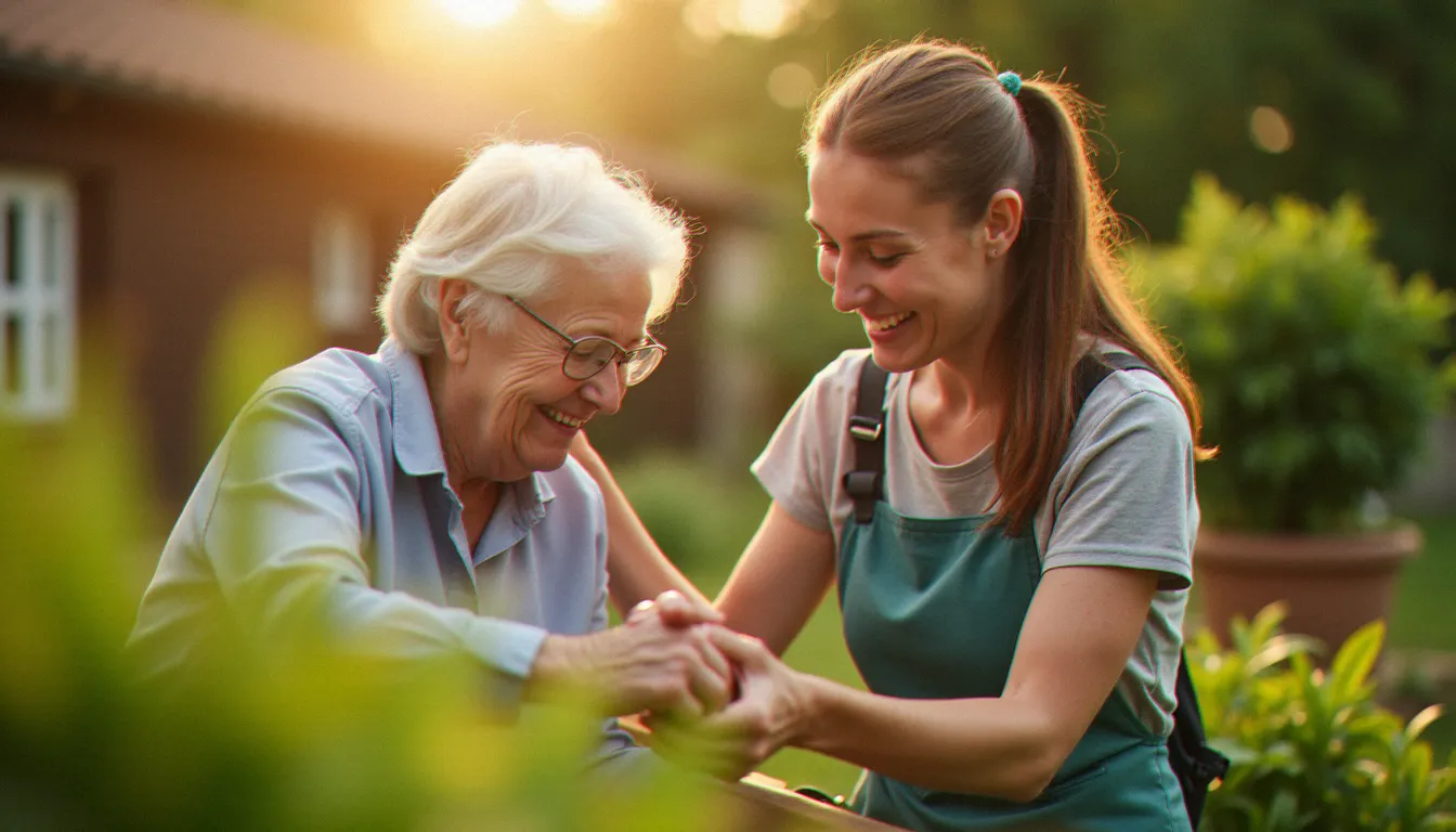 Jeune volontaire européenne aidant une personne âgée dans le jardin d'une maison de retraite, illustrant une mission de volontariat européen dans le secteur social