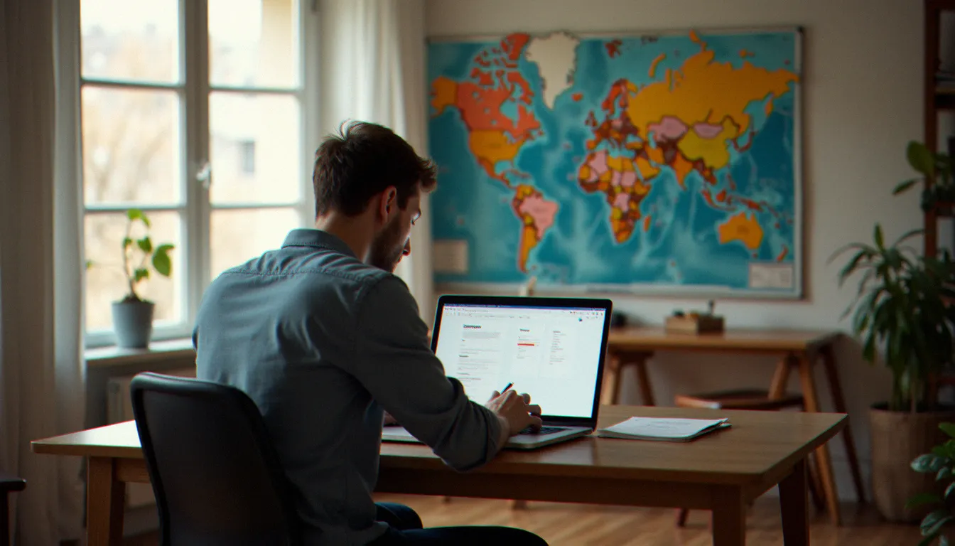 Un jeune homme complétant sa candidature en ligne pour une mission de volontariat européen de solidarité depuis son appartement