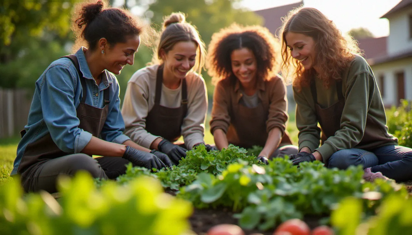 Groupe de jeunes volontaires européens travaillant ensemble dans un jardin communautaire, incarnant l'esprit du volontariat européen de solidarité